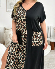 Plus Size Leopard Print V-Neck Short Sleeve Maxi Dress