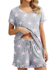 Women’s Casual Short Sleeve Pajama Set with Drawstring Shorts