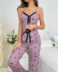 Heart-Print Long Pants Pajama Set – Cozy Loungewear