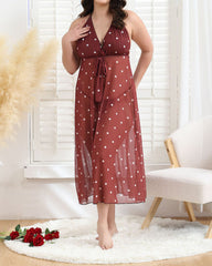 Plus Size Polka Dot Maxi Dress with Bow Tie
