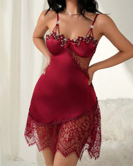 Plus Size Faux Silk Camisole Nightgown with Contrast Floral Lace