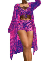 Women’s 3-Piece Swimsuit Set – Gathered Bikini Top, High-Waist Bottom & Beach Cover-Up