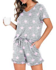 Women’s Casual Short Sleeve Pajama Set with Drawstring Shorts