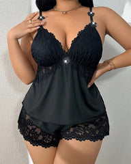 Plus Size Lace Satin Cami Pajama Set – Sexy Two-Piece Sleepwear for Women