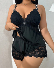 Plus Size Lace Satin Cami Pajama Set – Sexy Two-Piece Sleepwear for Women