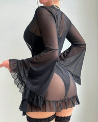 5-Piece Sexy Lingerie Set– Cut-Out Bodysuit + Robe + Belt + 2 Socks