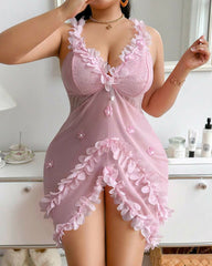 Sexy Plus Size V-Neck Spaghetti Strap Nightie with Backless Ruffles