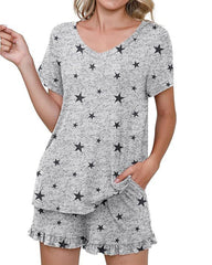 Women’s Casual Short Sleeve Pajama Set with Drawstring Shorts
