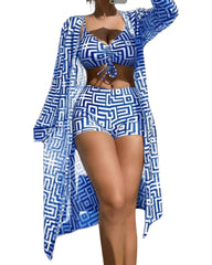 Women’s 3-Piece Swimsuit Set – Gathered Bikini Top, High-Waist Bottom & Beach Cover-Up