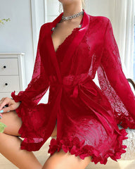 Sexy French-Style Sheer Lace Lingerie Set – Camisole, Shorts & Robe