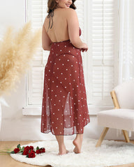 Plus Size Polka Dot Maxi Dress with Bow Tie
