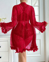 Sexy French-Style Sheer Lace Lingerie Set – Camisole, Shorts & Robe