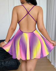 Plus Size Rainbow Ombre Camisole Nightgown – Backless & Floral Mesh Design