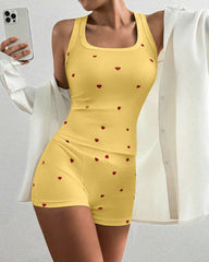 Heart Print 2-Piece Pajama Set – U-Neck Tank & Stretch Shorts