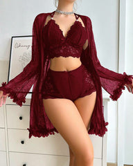 Sexy French-Style Sheer Lace Lingerie Set – Camisole, Shorts & Robe