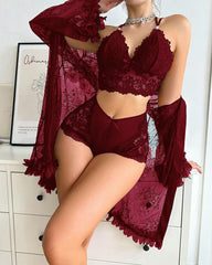Sexy French-Style Sheer Lace Lingerie Set – Camisole, Shorts & Robe