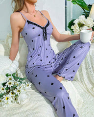 Heart-Print Long Pants Pajama Set – Cozy Loungewear