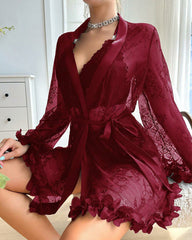 Sexy French-Style Sheer Lace Lingerie Set – Camisole, Shorts & Robe