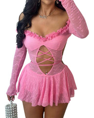 Sexy Off-Shoulder Lace Mini Dress – Backless Hollow-Out Solid Color Design