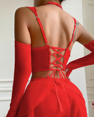 Cute See-Through Mesh Skirt with Chain Halter & Gloves – 4-Piece Set