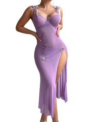 Sexy See-Through Mesh High Slit Halter Dress