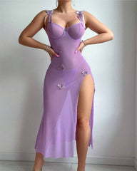 Sexy See-Through Mesh High Slit Halter Dress