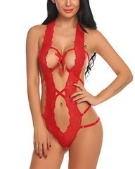 Sexy Lace Deep V Halter One-Piece Bodysuit