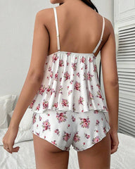 Sexy Floral Print Cami Top & Shorts Pajama Set with Lace Trim
