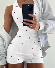Heart Print 2-Piece Pajama Set – U-Neck Tank & Stretch Shorts
