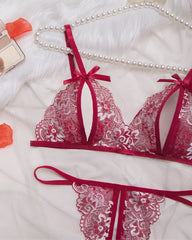 Sexy 2-Piece Lace Lingerie Set – Sheer Floral Design with Bows