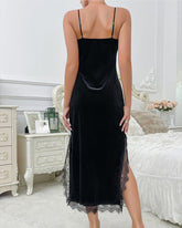 Sexy deep v sling velvet lace backless long nightgown