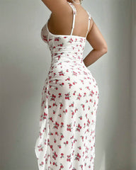 Printed Open-Back Nightdress with High Slit & Bust Support