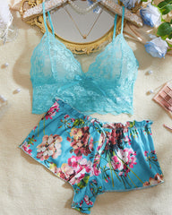 Classic Sexy Floral Lace Bralette with Satin Shorts