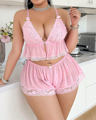 Plus Size Sexy Heart Lace Trim Cami and Shorts Sleepwear Set