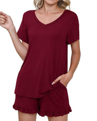 Women’s Casual Short Sleeve Pajama Set with Drawstring Shorts