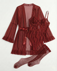 5-Piece Sexy Lingerie Set– Cut-Out Bodysuit + Robe + Belt + 2 Socks