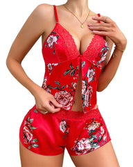 Cute Print Deep V Pajama Set – Two-Piece Sleepwear with Side Slit