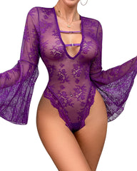 Gothic Long Sleeve Bodysuit for Women – V Neck Sheer Mesh Lace Body Suit