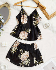 Sexy V-Neck Satin Cami & Shorts Pajama Set with Elegant Floral Print