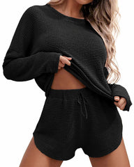 Comfy Waffle Knit Pajama Set – Long Sleeve Shirt & Shorts