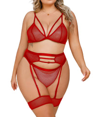 Sexy Plus Size Mesh Hollow 3-Piece Set – Elastic Fit with Leg Loops