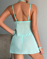 Embroidered mesh stitching sexy nightdress with neck and hand four-piece set