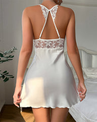 Sexy Satin Nightgown with Lace Patchwork Suspenders