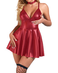 Plus Size PU V-Neck Backless Babydoll Chemise Mini Dress