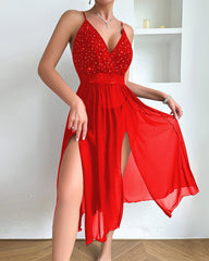 Sexy Shiny Suspender Mesh Nightgown