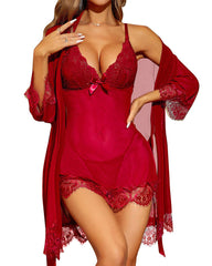 Sexy 3-Piece Lingerie Set for Women – Mesh Kimono Robe & Lace Babydoll Dress