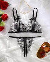 Women's 2pcs Bow Decor Sheer Floral Lace crotchless Lingerie Set