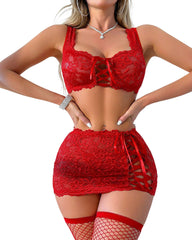 Sexy 3-Piece Lingerie Set with Lace Bra, Miniskirt & Thong