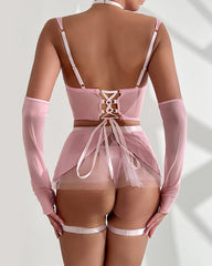 Cute see-through mesh skirt with chain halter and gloves 4-piece set