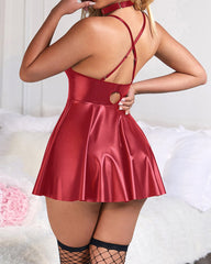 Plus Size PU V-Neck Backless Babydoll Chemise Mini Dress